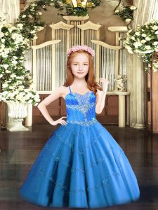 Sleeveless Tulle Floor Length Lace Up Custom Made Pageant Dress in Baby Blue with Beading