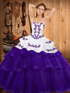 Purple Ball Gowns Tulle Strapless Sleeveless Embroidery and Ruffled Layers Lace Up Quince Ball Gowns Sweep Train