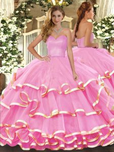 Rose Pink Sleeveless Organza Lace Up Quinceanera Gown for Military Ball and Sweet 16 and Quinceanera