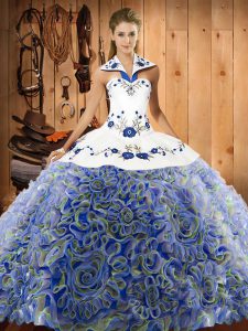 Hot Selling Multi-color Lace Up Halter Top Embroidery Ball Gown Prom Dress Fabric With Rolling Flowers Sleeveless Sweep Train