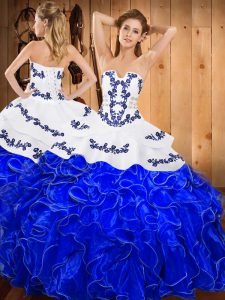 Top Selling Blue And White Satin and Organza Lace Up Quince Ball Gowns Sleeveless Floor Length Embroidery and Ruffles
