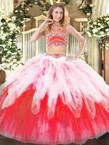 Floor Length Multi-color 15 Quinceanera Dress Tulle Sleeveless Beading and Ruffles