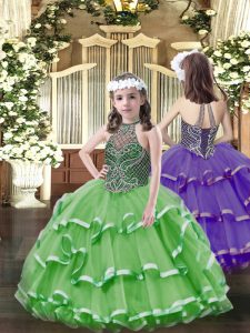 Sleeveless Organza Floor Length Lace Up Glitz Pageant Dress in Green with Beading and Ruffled Layers