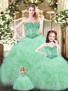 Customized Floor Length Lace Up Sweet 16 Quinceanera Dress Aqua Blue for Military Ball and Sweet 16 and Quinceanera with Beading and Ruffles