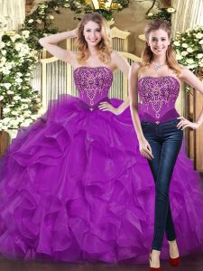 Spectacular Purple Quinceanera Dresses Military Ball and Sweet 16 and Quinceanera with Beading and Ruffles Sweetheart Sleeveless Lace Up