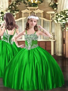 Sleeveless Satin Floor Length Lace Up Girls Pageant Dresses in Green with Appliques