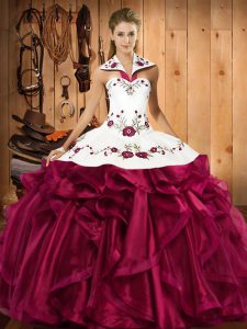 Wonderful Fuchsia Halter Top Neckline Embroidery and Ruffles Quinceanera Dresses Sleeveless Lace Up