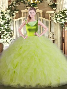 Yellow Green Organza Side Zipper Quinceanera Gowns Sleeveless Floor Length Beading and Ruffles