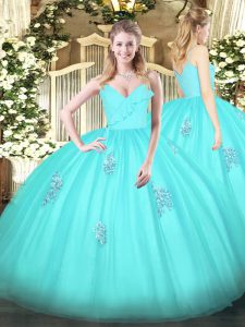 Graceful Appliques Quinceanera Gown Aqua Blue Zipper Sleeveless Floor Length