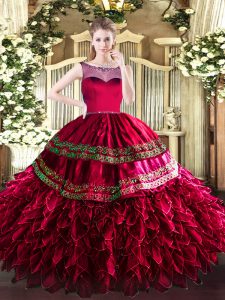 Floor Length Coral Red Quinceanera Dress Organza Sleeveless Beading and Ruffles