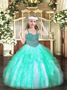 Apple Green Organza Lace Up Girls Pageant Dresses Sleeveless Floor Length Beading and Ruffles