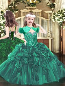 Floor Length Dark Green Little Girls Pageant Gowns Straps Sleeveless Lace Up