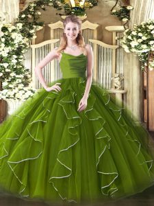 Graceful Floor Length Olive Green Sweet 16 Dresses Organza Sleeveless Ruffles