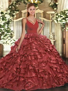 New Arrival Floor Length Red 15 Quinceanera Dress V-neck Sleeveless Backless