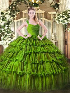 Modern Floor Length Green Sweet 16 Quinceanera Dress Organza Sleeveless Beading and Ruffled Layers
