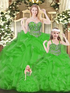 Captivating Green Organza Lace Up Sweetheart Sleeveless Floor Length Vestidos de Quinceanera Beading and Ruffles