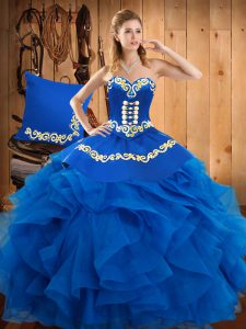 Beauteous Blue Lace Up Sweetheart Embroidery and Ruffles 15 Quinceanera Dress Satin and Organza Sleeveless