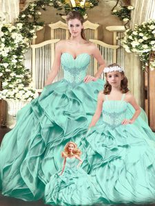 Aqua Blue Sweetheart Lace Up Beading and Ruffles Quinceanera Gown Sleeveless