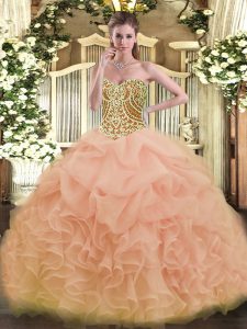 Organza Sweetheart Sleeveless Lace Up Beading and Ruffles Sweet 16 Dress in Peach