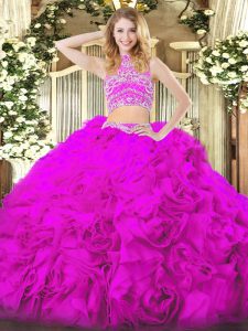 Elegant Fuchsia High-neck Backless Beading and Ruffles 15 Quinceanera Dress Sleeveless