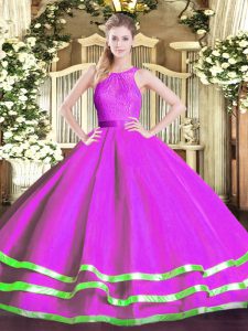 Scoop Sleeveless Quinceanera Gown Floor Length Lace Fuchsia Tulle