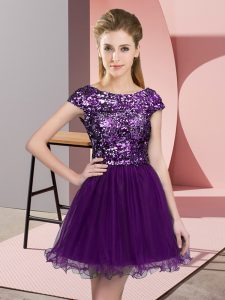 On Sale Mini Length A-line Cap Sleeves Dark Purple Damas Dress Zipper