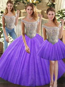 Pretty Eggplant Purple Lace Up Quinceanera Gowns Beading Sleeveless Floor Length