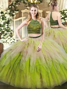 Multi-color Sleeveless Floor Length Beading and Ruffles Lace Up Quinceanera Gowns