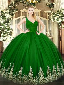 Glamorous Sleeveless Tulle Floor Length Backless Quinceanera Dress in Green with Beading and Lace and Appliques