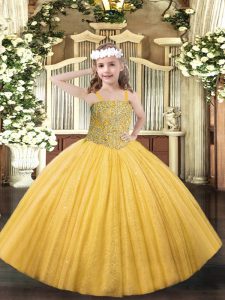 Floor Length Gold Little Girl Pageant Gowns Straps Sleeveless Lace Up
