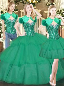 Discount Sleeveless Tulle Floor Length Lace Up Quinceanera Gown in Turquoise with Beading and Ruffled Layers