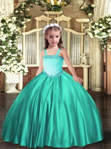 Turquoise Satin Lace Up Straps Sleeveless Floor Length Pageant Dress for Womens Appliques