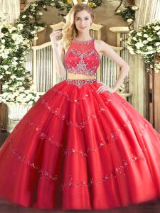 Floor Length Two Pieces Sleeveless Red Quince Ball Gowns Zipper
