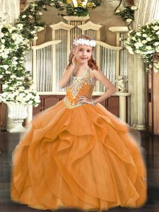 Floor Length Orange Red Pageant Dress Womens V-neck Sleeveless Lace Up