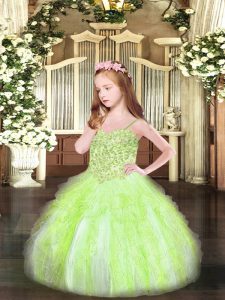 Latest Yellow Green Sleeveless Floor Length Appliques and Ruffles Lace Up Pageant Dress for Womens