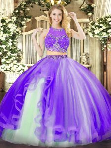 Pretty Beading and Ruffles Sweet 16 Dresses Lavender Zipper Sleeveless Floor Length