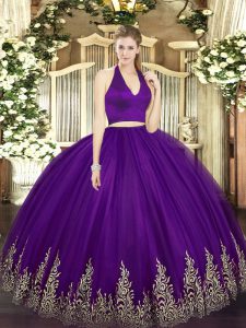 Sleeveless Floor Length Appliques Zipper Quinceanera Gowns with Dark Purple