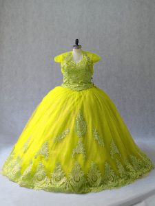 Fabulous Yellow Green 15 Quinceanera Dress Tulle Court Train Sleeveless Appliques