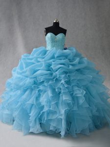 Sweetheart Sleeveless Sweet 16 Quinceanera Dress Floor Length Beading and Ruffles and Pick Ups Baby Blue Organza