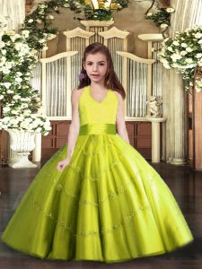 Floor Length Lace Up Little Girls Pageant Gowns Yellow Green for Party and Wedding Party with Beading