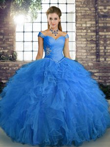 Hot Sale Blue Tulle Lace Up Off The Shoulder Sleeveless Floor Length Quinceanera Dress Beading and Ruffles
