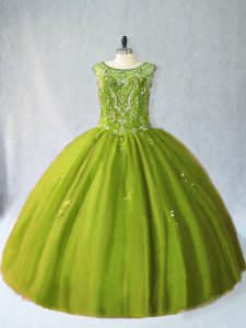 Ball Gowns Quinceanera Dress Olive Green Scoop Tulle Sleeveless Floor Length Lace Up