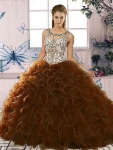 Brown Sleeveless Floor Length Beading and Ruffles Lace Up 15th Birthday Dress