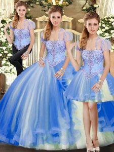 Sleeveless Tulle Floor Length Lace Up Quinceanera Dresses in Blue with Beading and Ruffles