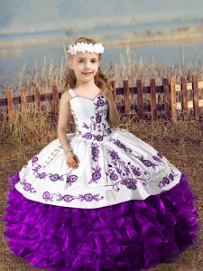 Embroidery and Ruffles Little Girl Pageant Gowns Purple Lace Up Sleeveless Floor Length