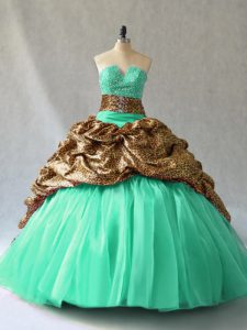 Simple Beading and Pick Ups 15 Quinceanera Dress Turquoise Lace Up Sleeveless Brush Train