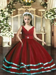 Perfect V-neck Sleeveless Backless Pageant Dress for Girls Wine Red Organza