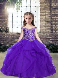 Sleeveless Floor Length Beading Lace Up Pageant Gowns with Purple