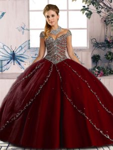 Tulle Cap Sleeves Quinceanera Gowns Brush Train and Beading