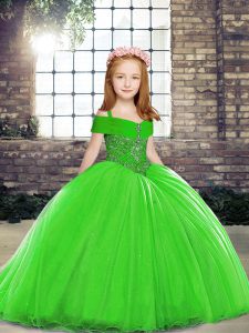 Exquisite Straps Sleeveless Tulle Little Girls Pageant Gowns Beading Brush Train Lace Up